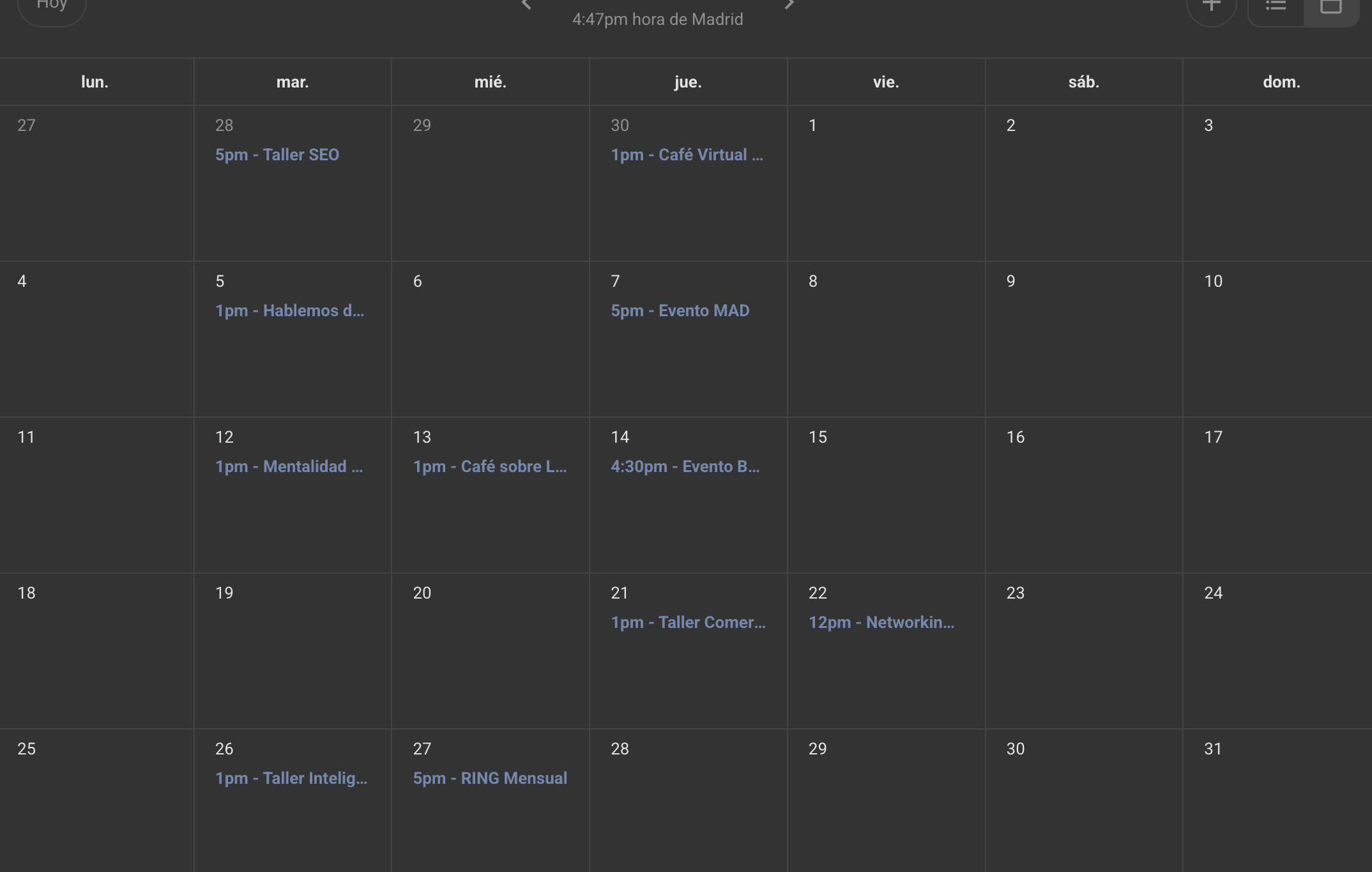 Calendario de sesiones de Pymeros en Skool